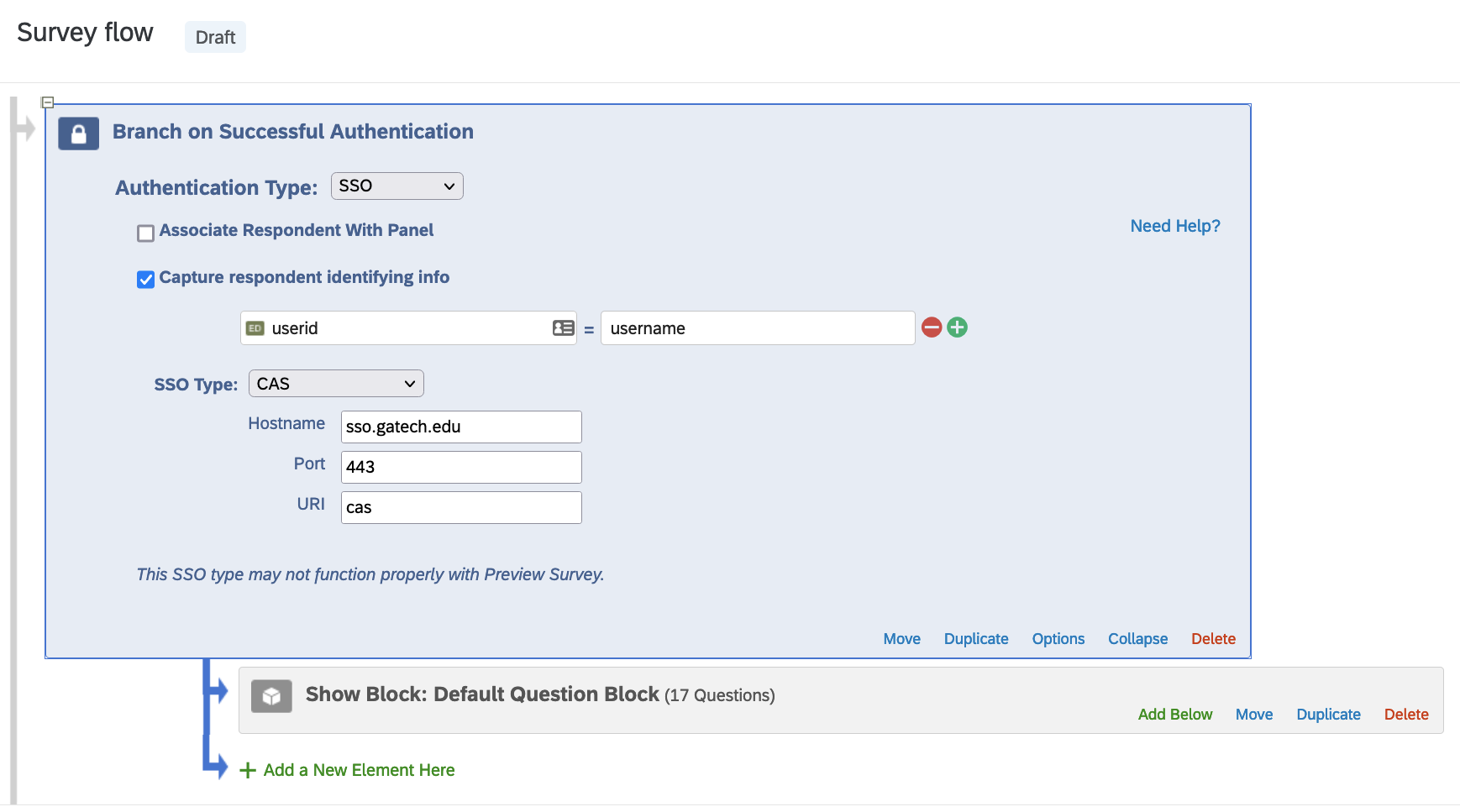 SSO settings panel with options for Georgia Tech user accounts, screenshot