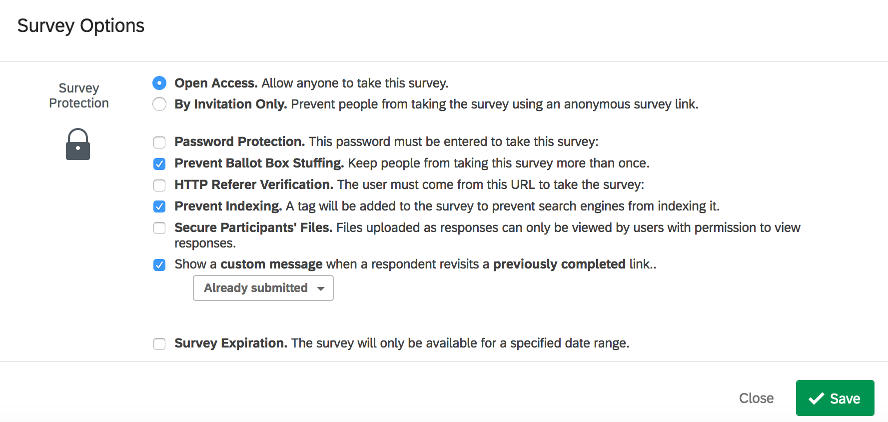 Survey settings dialog, screenshot